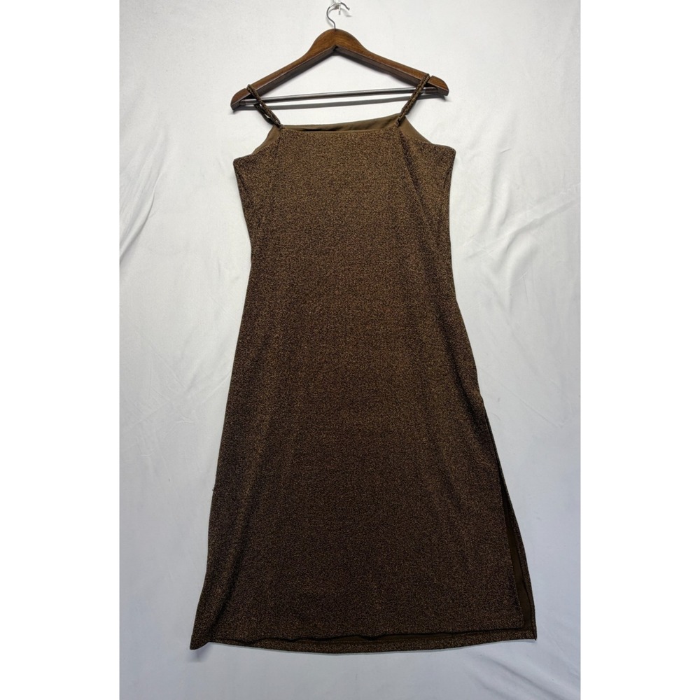 H&M Jersey Slip Dress Womens Medium Dark Brown Glittery Square Neck Side Slits - Picture 2 of 6